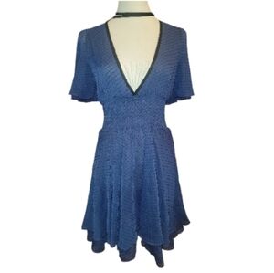 Jarlo Navy Blue point d'esprit black dots smocked waist ruffled mini Dress S/M